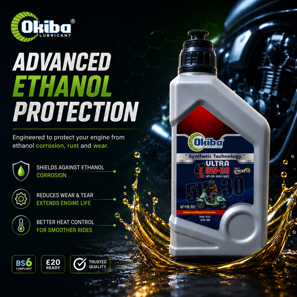 OKIBA Ultra 4T 5W30 Fully Synthetic Engine Oil – 650ML (Scooter)