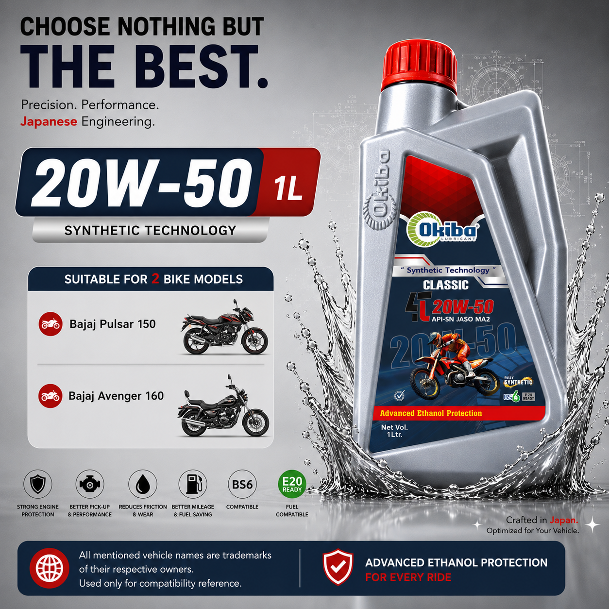 OKIBA Classic 4T 20W50 Fully Synthetic Engine Oil – 1L
