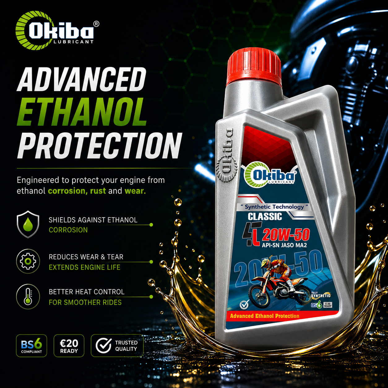 OKIBA Classic 4T 20W50 Fully Synthetic Engine Oil – 1L